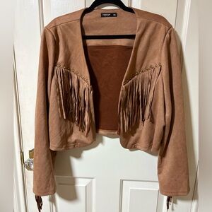SHEIN VCAY Fringe Trim Studded Detail Open Front Crop Faux Suede Jacket Size 3XL